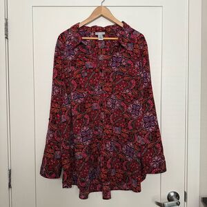 Catherines Top Shirt Womens Size 3X Red Button Up Roll Tab Sleeve Abstract Artsy